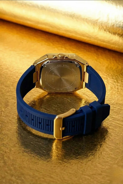 Men’s Luxury Gold-Tone Square Dial Watch with Royal Blue Face & Blue Rubber Strap