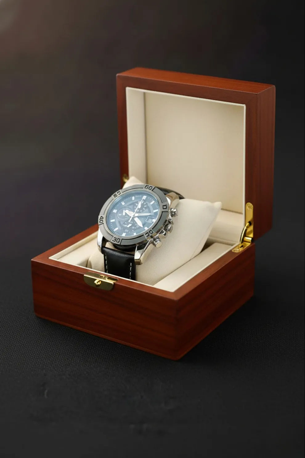 Men’s Chronograph Watch with Black Dial, Silver Case & Black Leather Strap