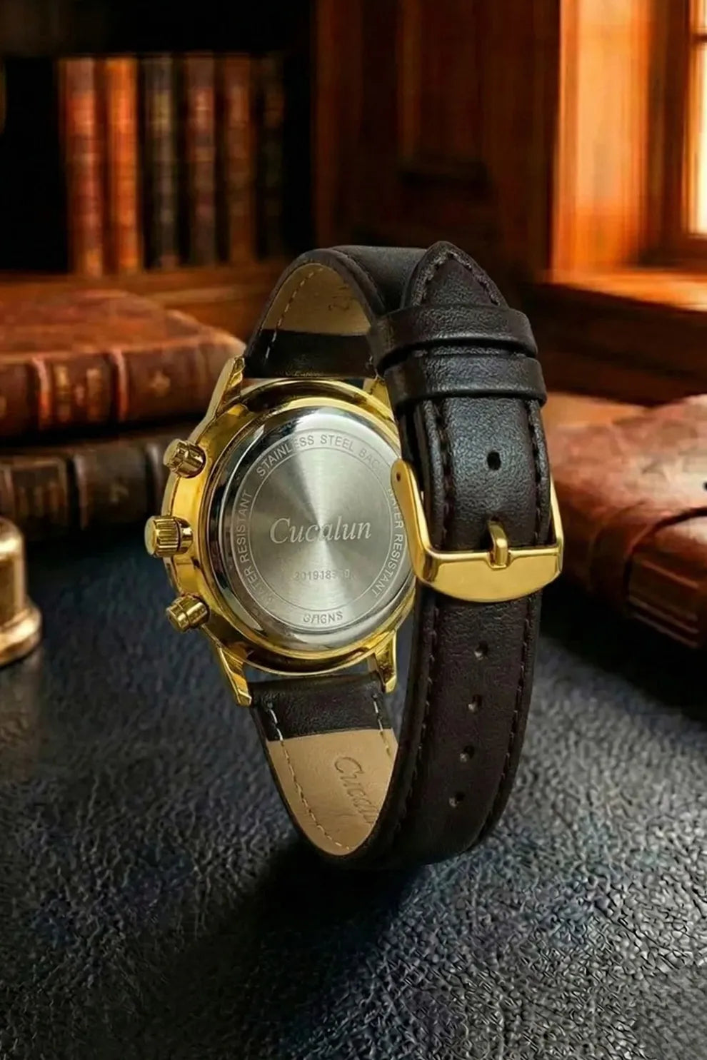 Men’s Classic Chronograph Watch with White Dial, Gold Case & Black Leather Strap