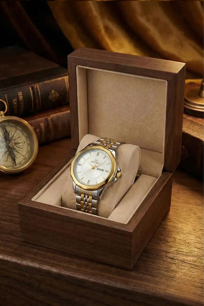 Men’s Two-Tone Stainless Steel Analog Watch – White Dial with Gold Finish