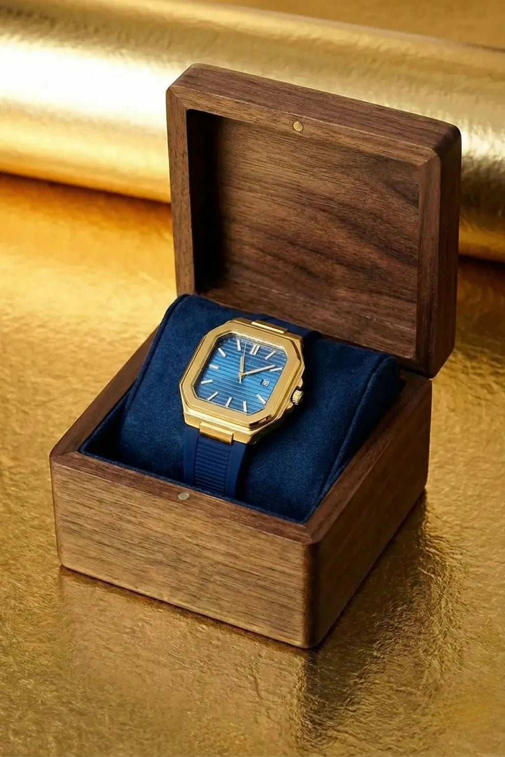 Men’s Luxury Gold-Tone Square Dial Watch with Royal Blue Face & Blue Rubber Strap