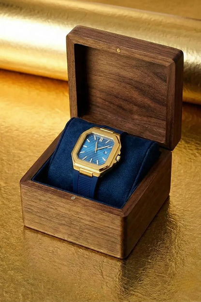 Men’s Luxury Gold-Tone Square Dial Watch with Royal Blue Face & Blue Rubber Strap