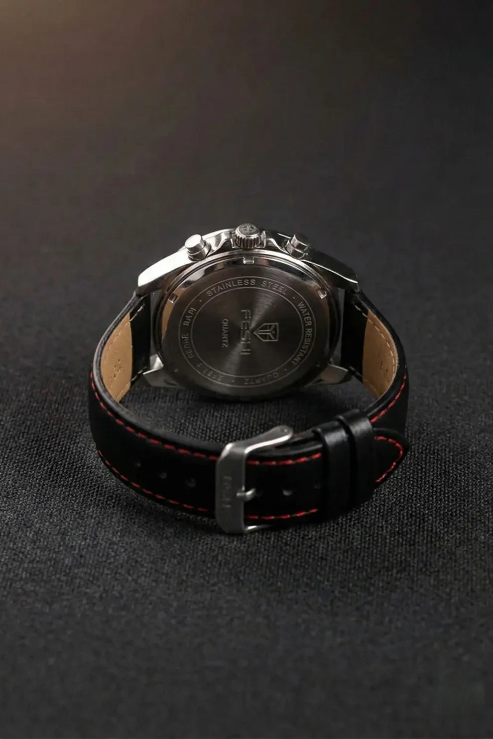 Men’s Chronograph Watch with Black Dial, Red Accents & Black Leather Strap