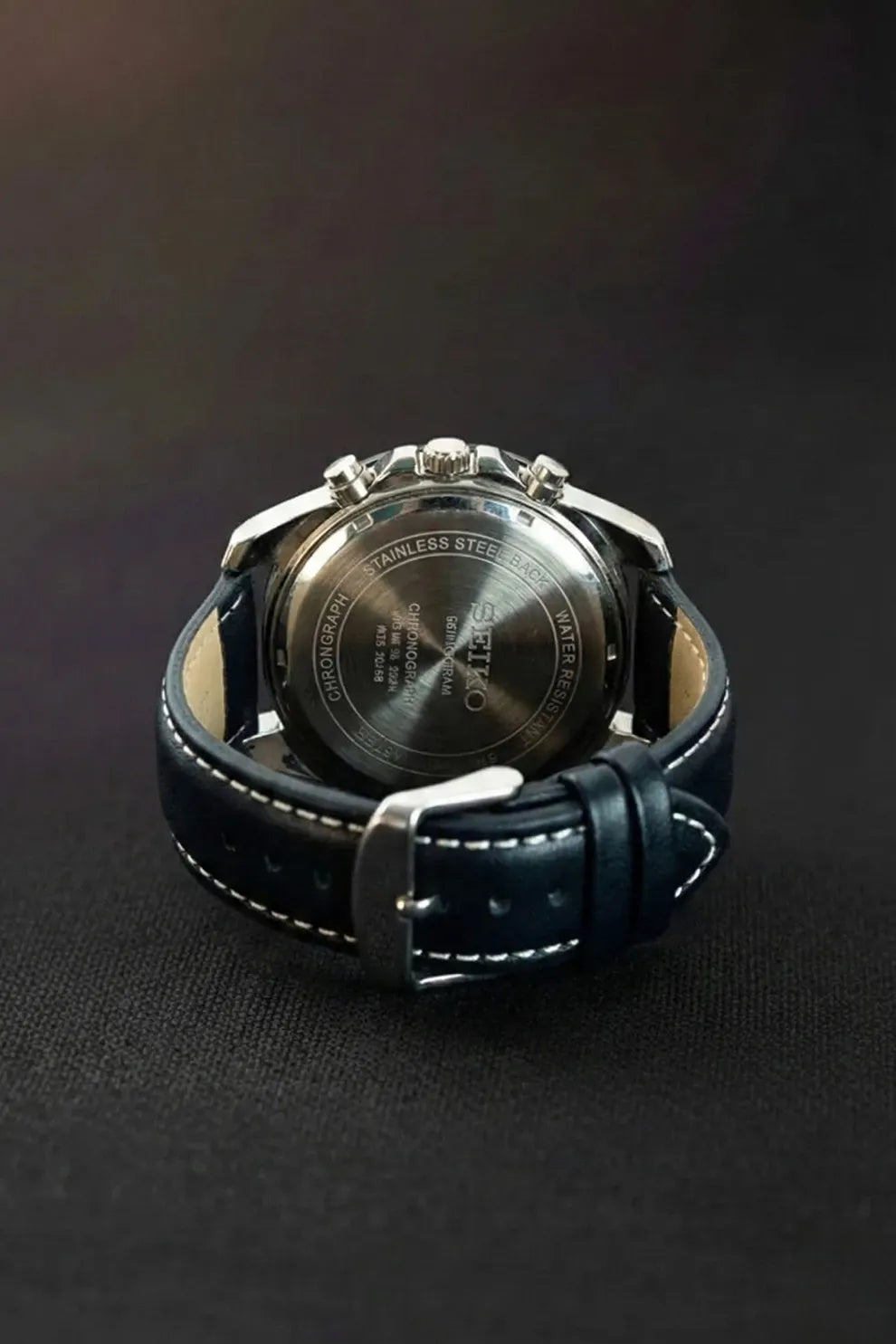 Men’s Chronograph Watch with Black Dial, Silver Case & Black Leather Strap