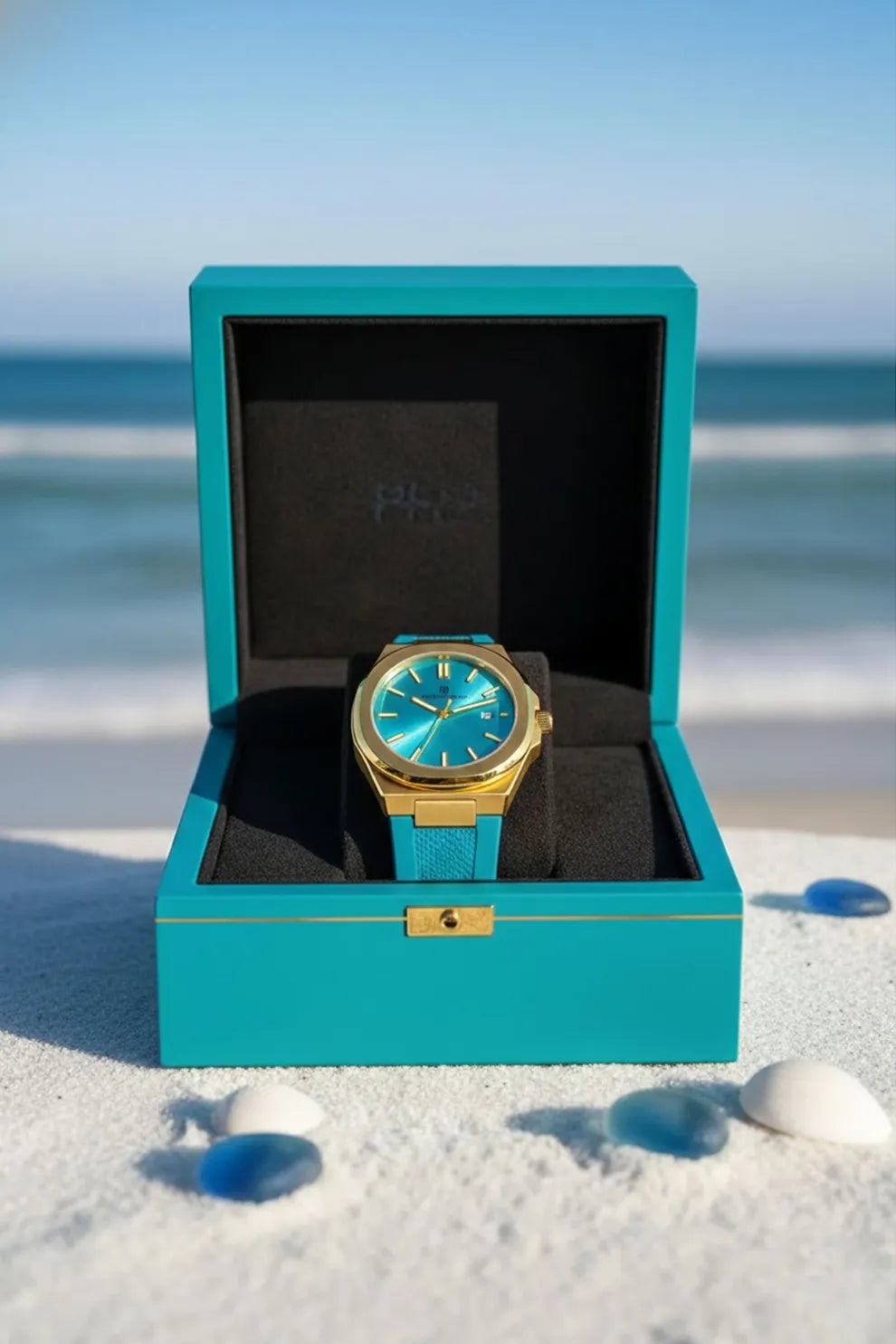 Men’s Gold Case Watch with Turquoise Dial & Blue Silicone Strap