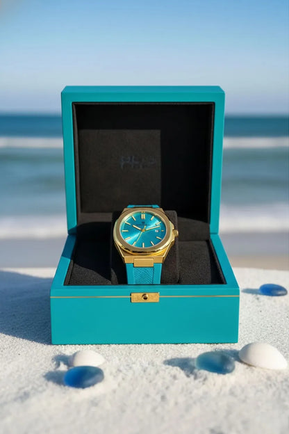 Men’s Gold Case Watch with Turquoise Dial & Blue Silicone Strap