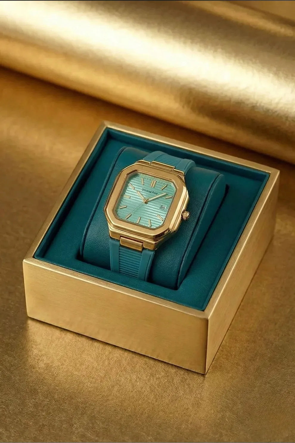Men’s Luxury Gold-Tone Square Dial Watch with Teal Rubber Strap