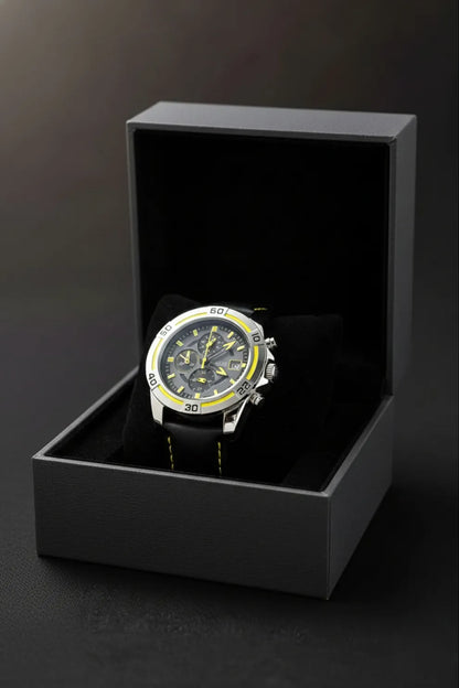 Men’s Chronograph Watch with Black Dial, Yellow Accents & Black Leather Strap
