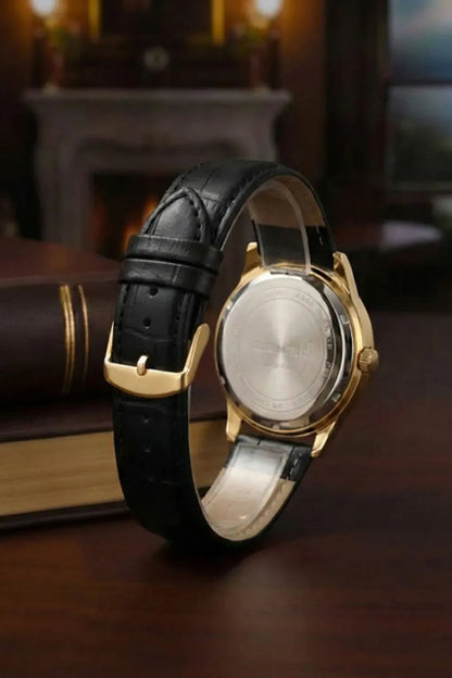 Men’s Classic Watch with Black Dial, Gold Bezel & Black Leather Strap