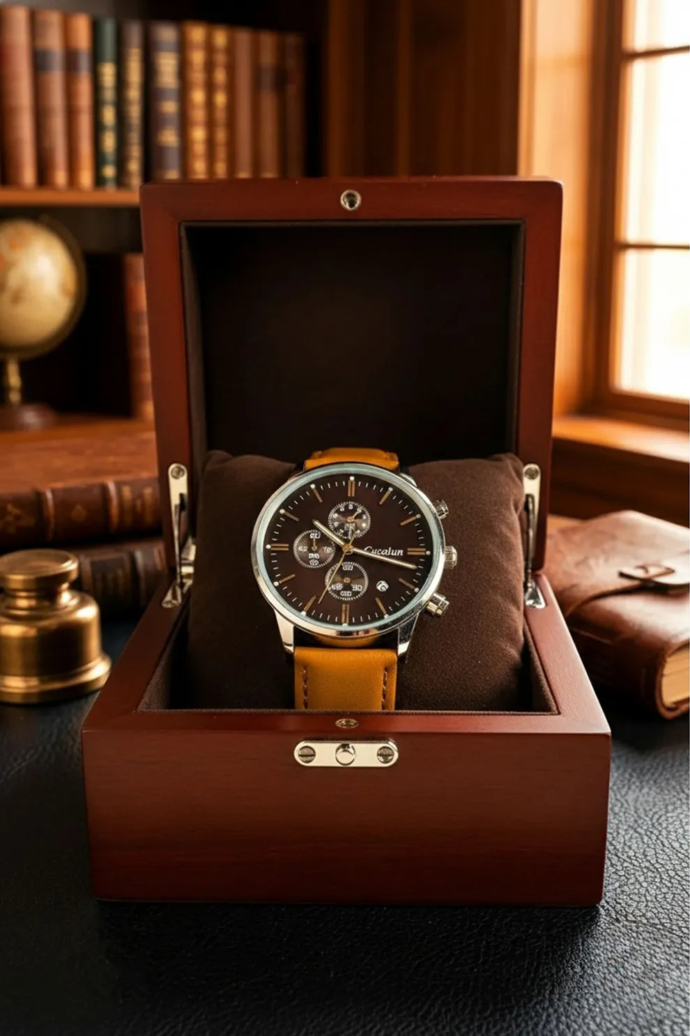 Men’s Classic Chronograph Watch with Brown Dial & Tan Leather Strap