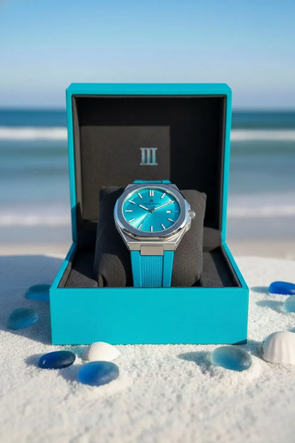 Men’s Silver Case Watch with Turquoise Dial & Blue Silicone Strap