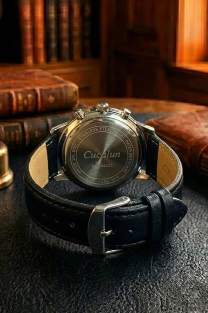 Men’s Classic Chronograph Watch with Black Dial & Black Leather Strap