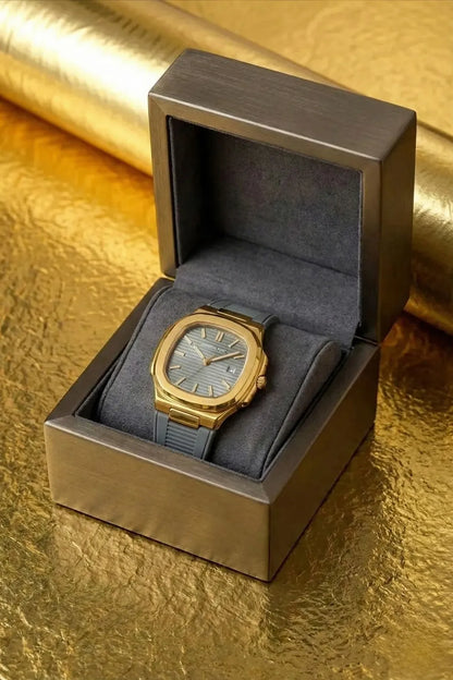 Men’s Luxury Gold-Tone Square Dial Watch with Grey Rubber Strap
