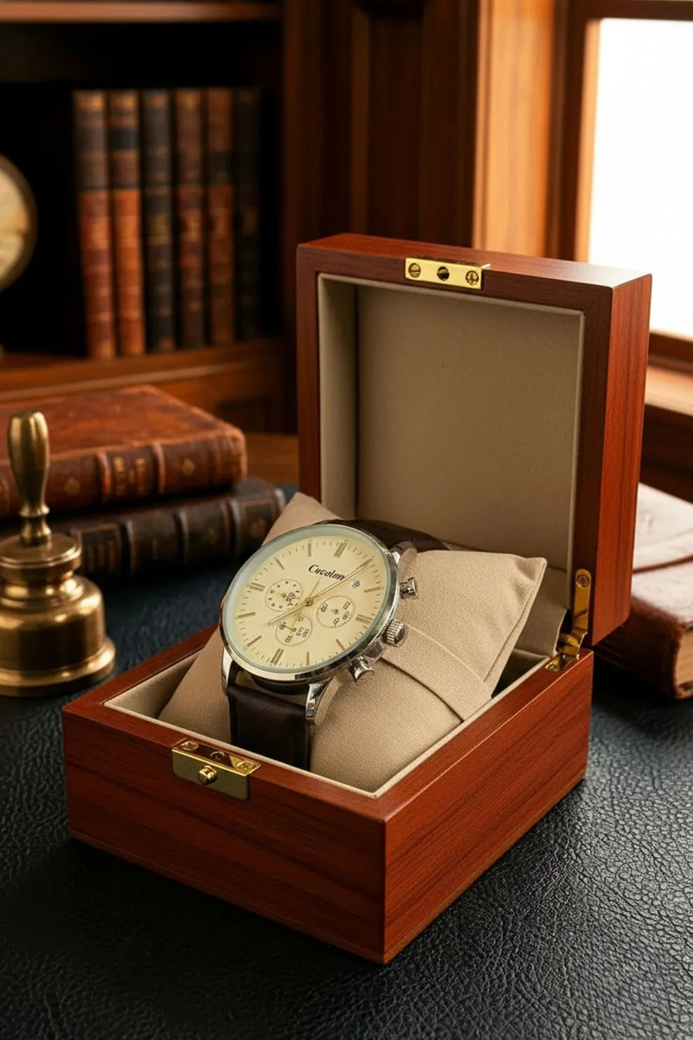 Men’s Classic Chronograph Watch with Cream Dial & Dark Brown Leather Strap