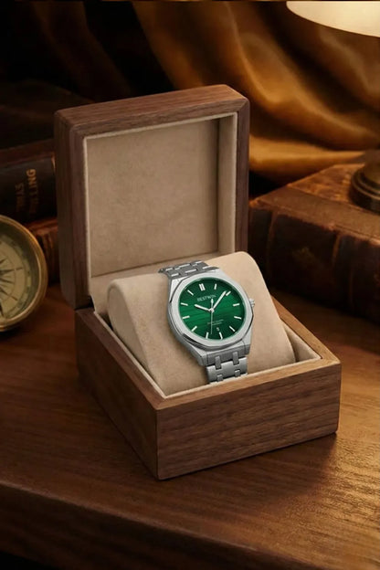 Men’s Silver Stainless Steel Analog Watch – Green Dial Classic Style