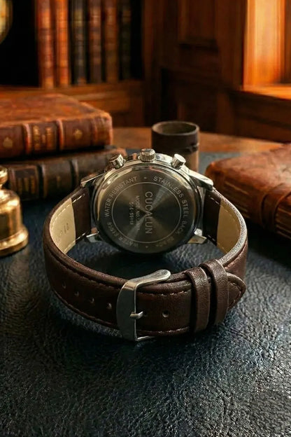 Men’s Classic Chronograph Watch with Cream Dial & Dark Brown Leather Strap