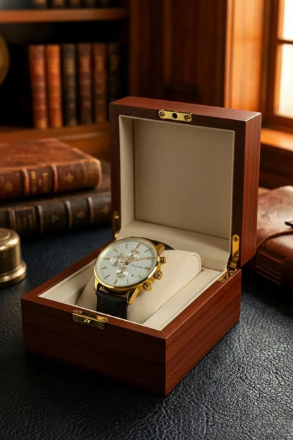 Men’s Classic Chronograph Watch with White Dial, Gold Case & Black Leather Strap