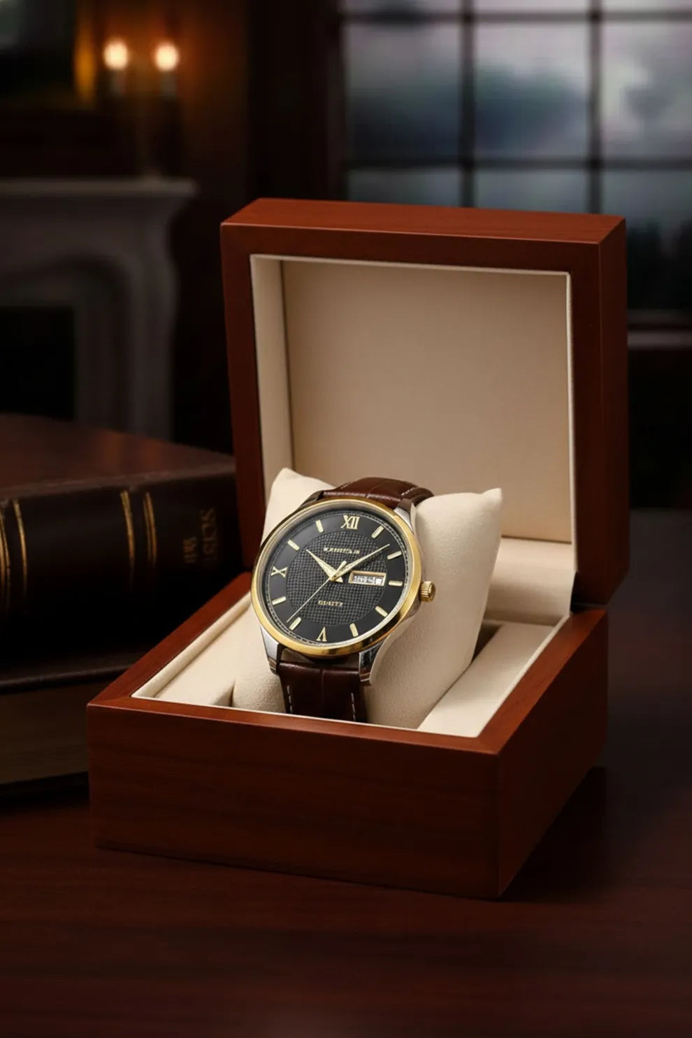 Men’s Classic Watch with Black Dial, Gold Bezel & Brown Leather Strap