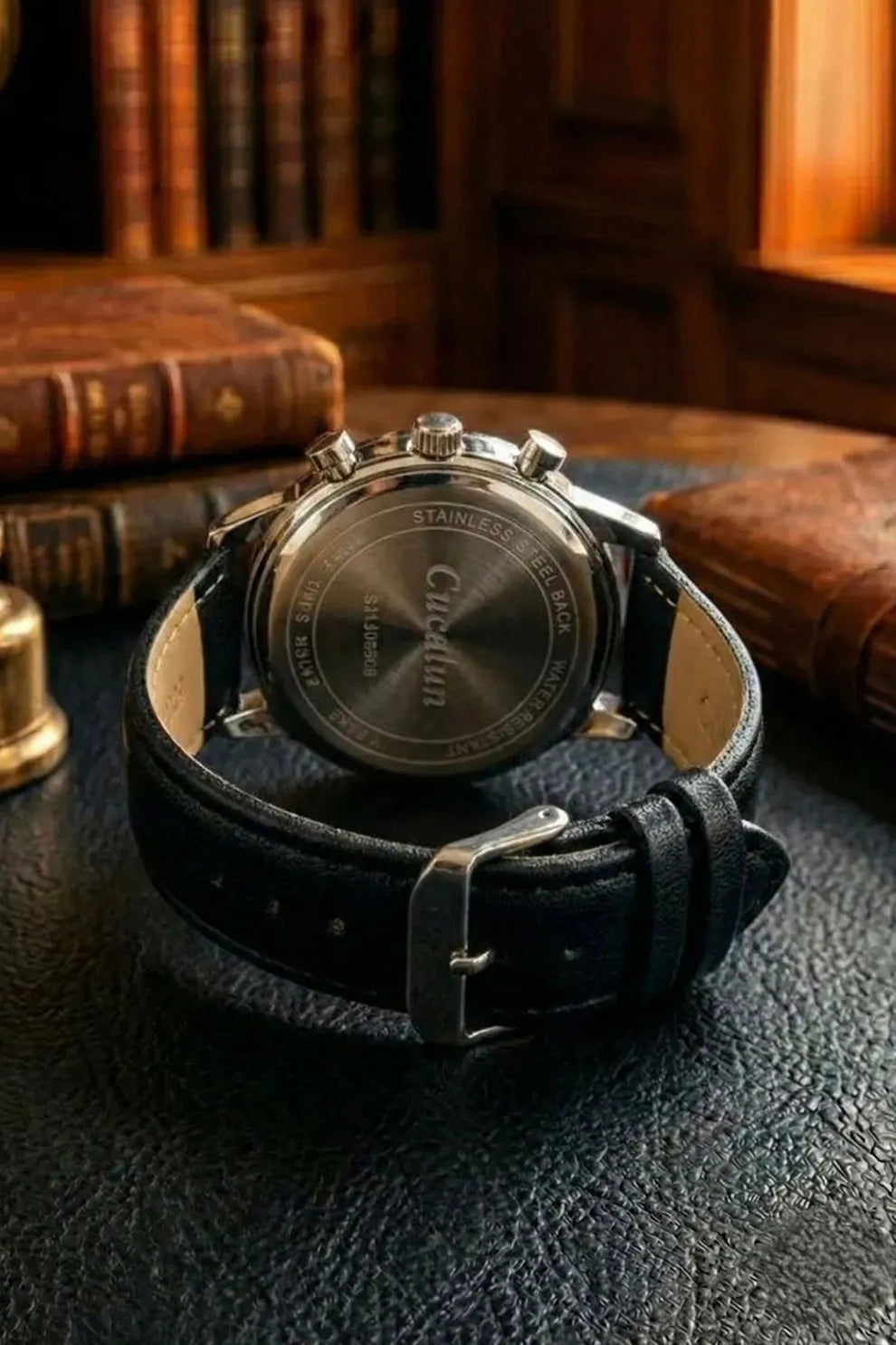 Men’s Classic Chronograph Watch with Cream Dial & Black Leather Strap