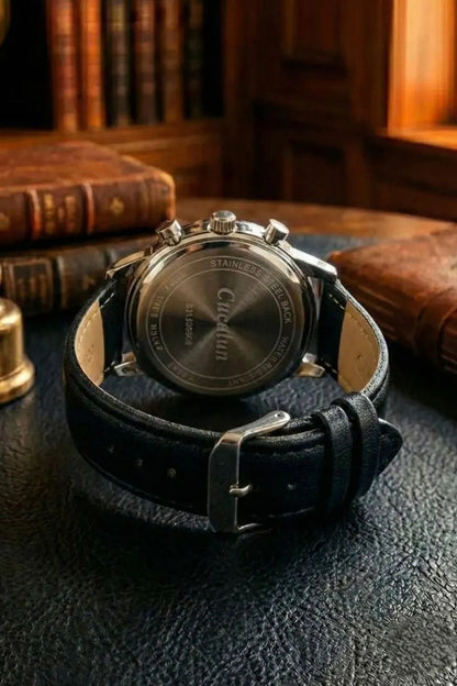Men’s Classic Chronograph Watch with Cream Dial & Black Leather Strap