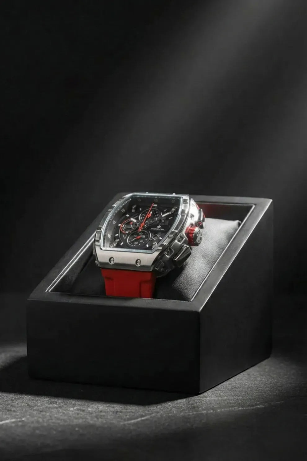 Men’s Square Dial Chronograph Watch with Red Silicone Strap