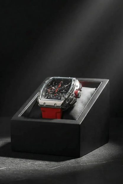 Men’s Square Dial Chronograph Watch with Red Silicone Strap