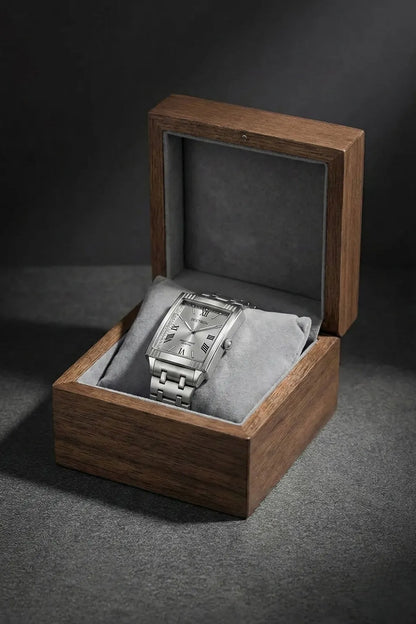 Men’s Square Dial Stainless Steel Watch – Silver Dial Roman Numerals
