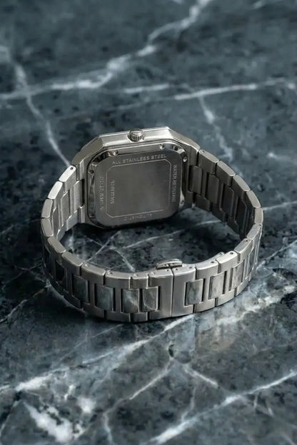 Men’s Square Dial Stainless Steel Watch with Green Dial & Silver Metal Bracelet