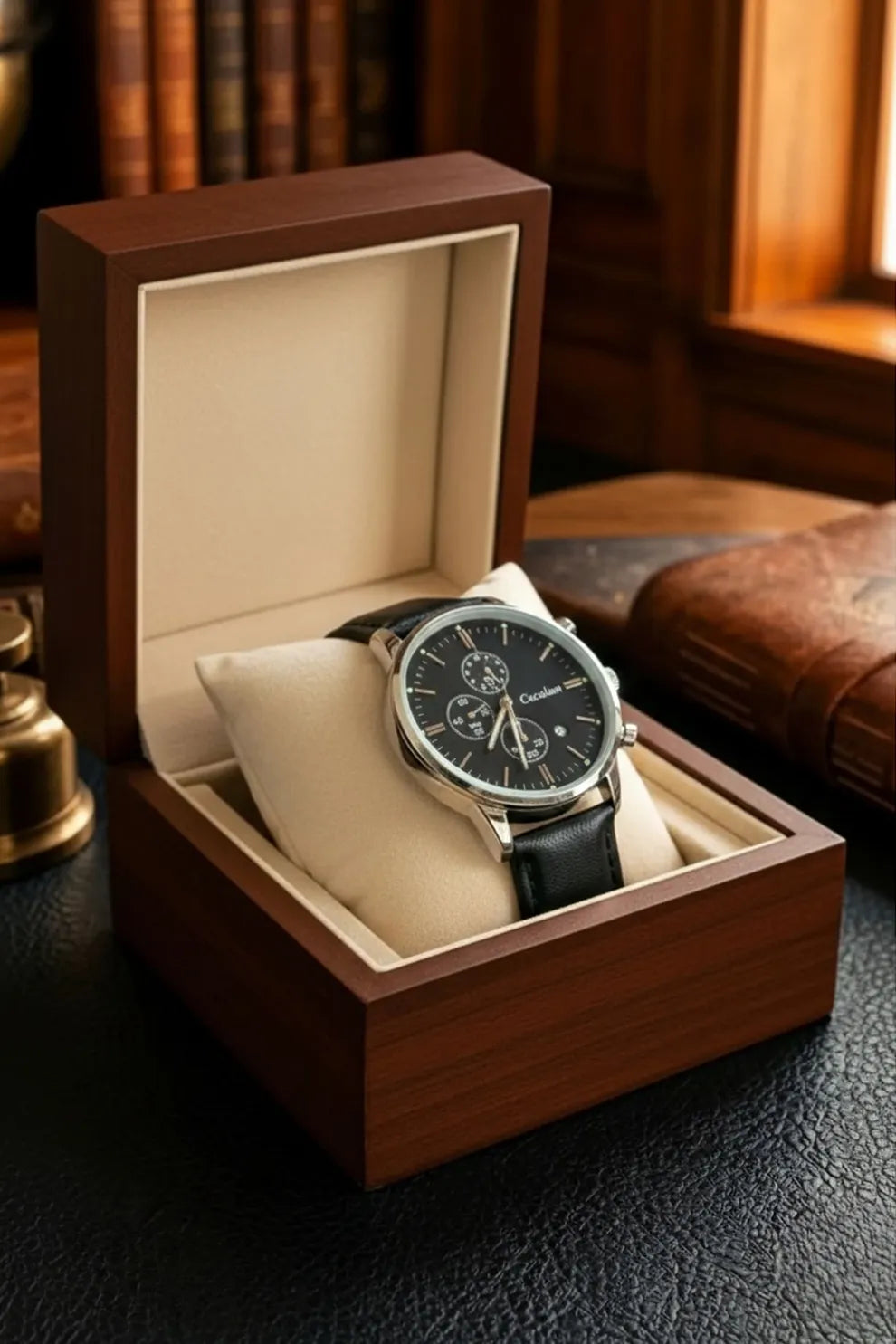 Men’s Classic Chronograph Watch with Black Dial & Black Leather Strap