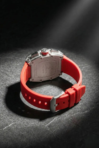 Men’s Square Dial Chronograph Watch with Red Silicone Strap